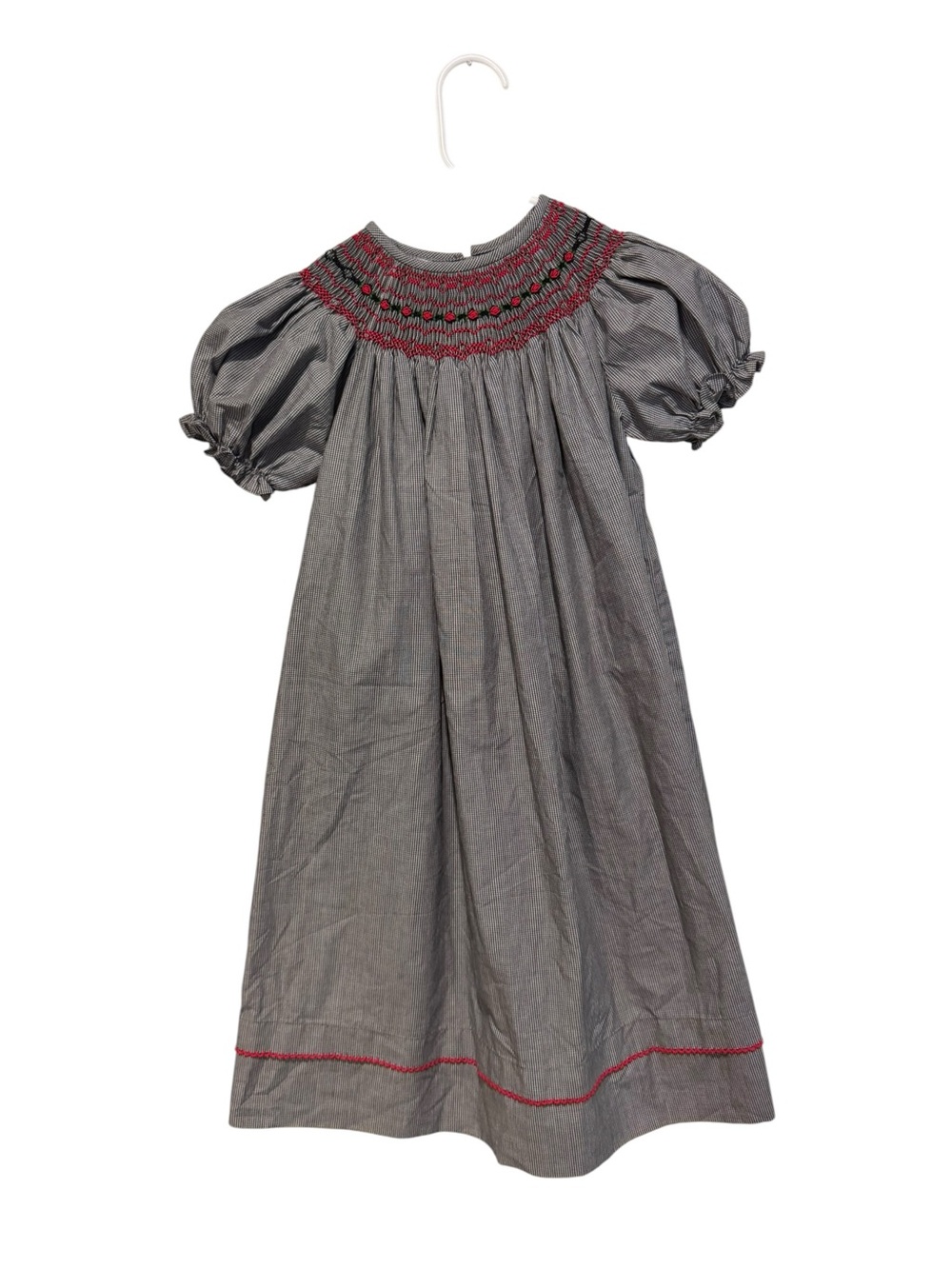 Girls' Smocked Puff-Sleeve Casual Dress in Gray with Red‎ Trim